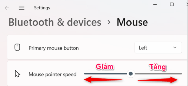 Điều chỉnh tăng giảm tốc độ chuột tại Mouse pointer speed đối với Windows 11